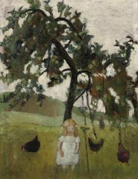 Elsbeth Mit Huhnern Unter Apfelbaum Oil Painting by Paula Modersohn-Becker