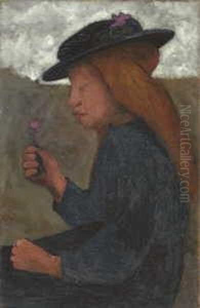 Sitzendes Madchen Mit Schwarzem Hut Und Blume In Der Rechten Hand Oil Painting by Paula Modersohn-Becker