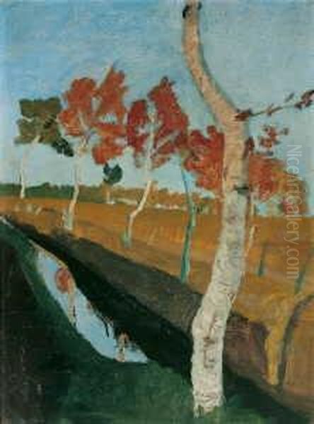 Birken Am Moorgraben. Ruckseitig: Rotes Haus Oil Painting by Paula Modersohn-Becker