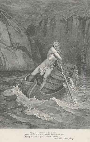 Comes on an old man, hoary white with eld, (Canto III., line 77) Oil Painting by Gustave Dore