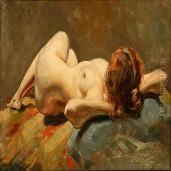 A Female Nude On A Bed Oil Painting by Louis Moe