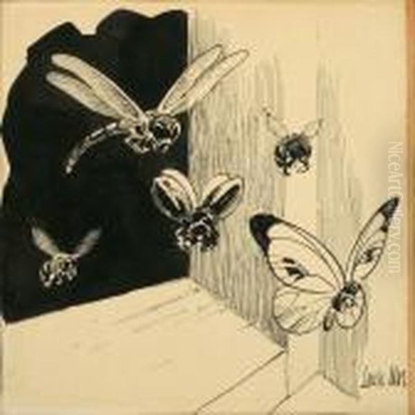 Dragon Fly, Bees Andbutterfly Oil Painting by Louis Moe