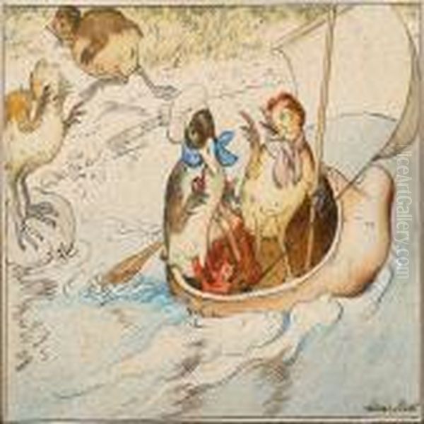 A Duck And A Chicken Sailing In A Dutch Wooden Shoe Oil Painting by Louis Moe