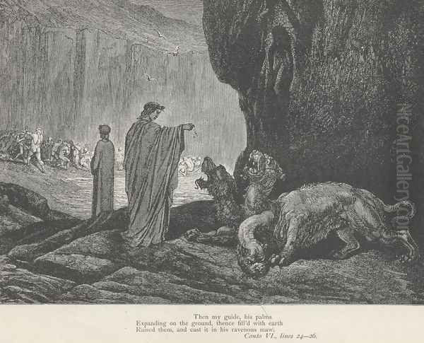 Raised them, and cast it in his ravenous maw. (Canto VI., line 26) by Gustave Dore