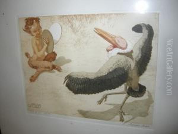 Faun Med Maraboustork Oil Painting by Louis Moe