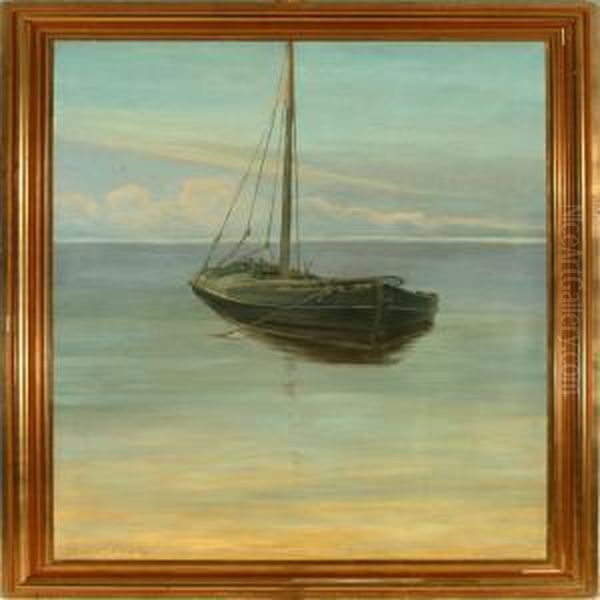 Seascape With A Sailing Boat. Signed Louis Moe Oil Painting by Louis Moe