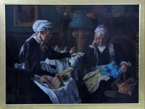 Elderly Sisters, Reading And Needleworking Oil Painting by Louis Charles Moeller