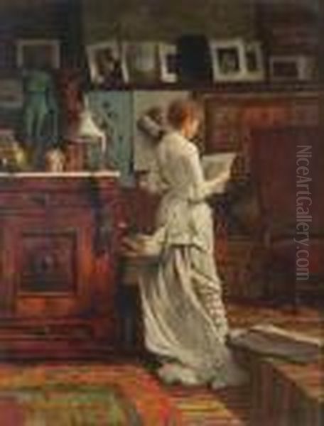 American, - Elegantwoman Looking At A Print Oil Painting by Louis Charles Moeller