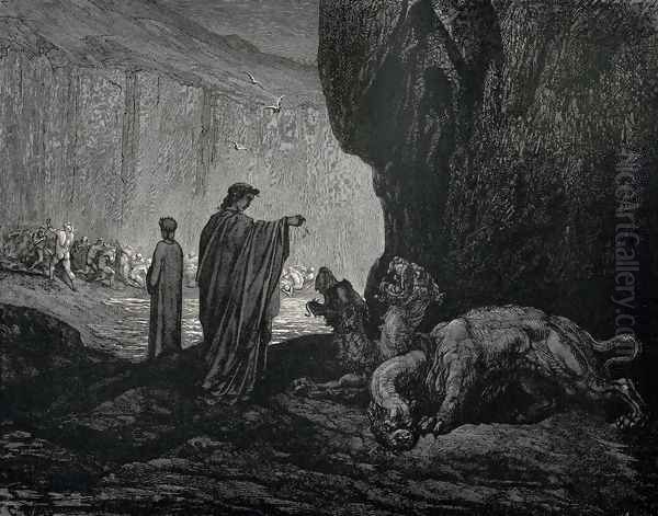 The Inferno, Canto 6, lines 24-26: Then my guide, his palms Expanding on the ground, thence filled with earth Rais'd them, and cast it in his ravenous maw. Oil Painting by Gustave Dore