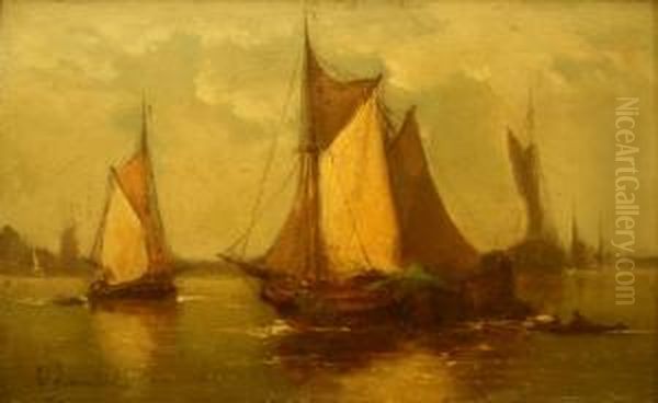 Schepen Op Een Reede. Gesigneerd. Verso: 'vue D'une Rade' Oil Painting by Edward Moerenhout