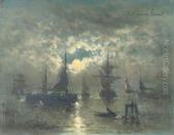 Fishing By Moonlight Oil Painting by Edward Moerenhout