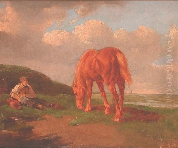 Country Landscape With Boy Resting And Horse In The Foreground Oil Painting by Edward Moerenhout