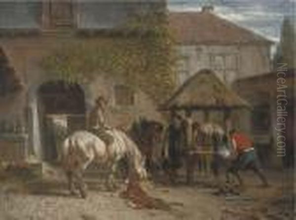 Shoeing Horses At The Blacksmith Oil Painting by Joseph Jodocus Moerenhout