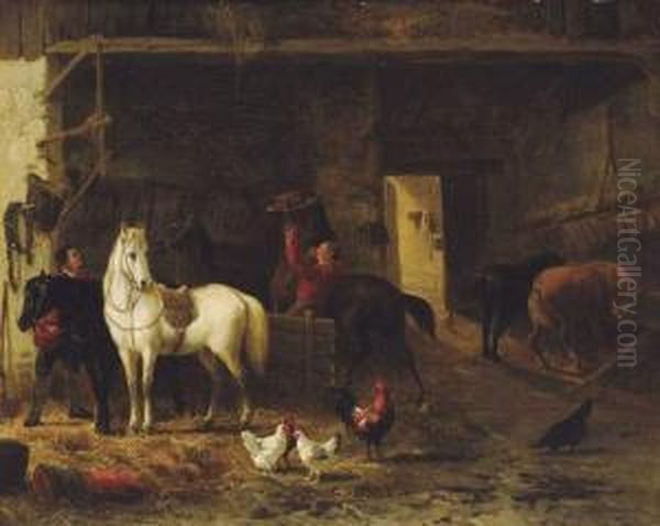 Paardenstalinterieur Oil Painting by Jozef Jodocus Moerenhout