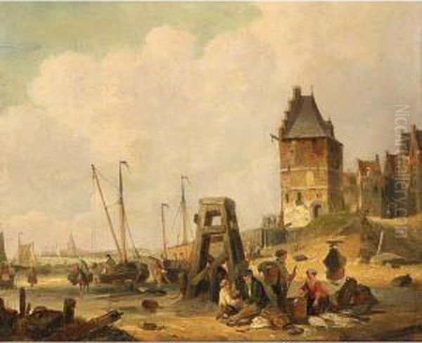 Fisherfolk In A Village, Zeeland Oil Painting by Jozef Jodocus Moerenhout