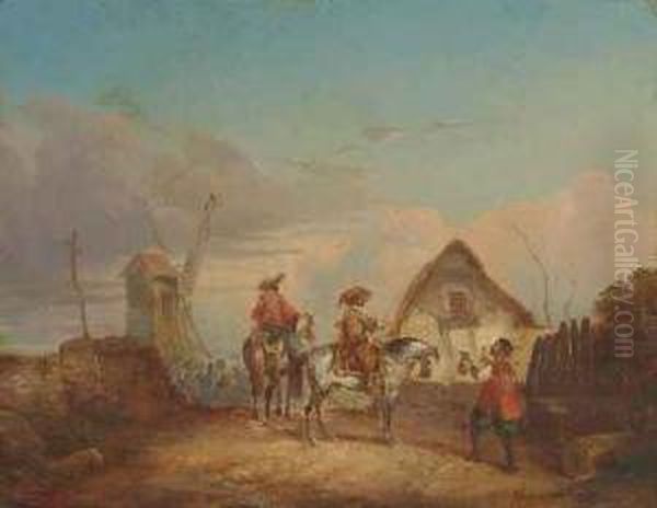 Begrusung Von Offizieren Vor Einem Gehoft Mit Abziehenden Landsknechten Oil Painting by Jozef Jodocus Moerenhout