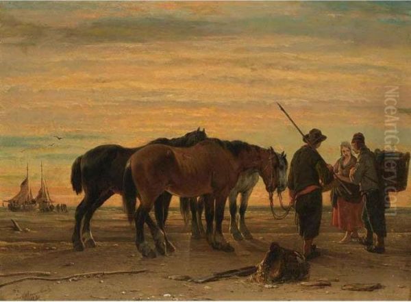 Fishermen With Their Horses On The Beach Oil Painting by Jozef Jodocus Moerenhout