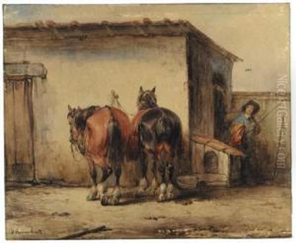 Two Horses And A Horseman By A Stable Oil Painting by Jozef Jodocus Moerenhout