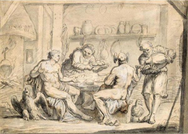 Jupiter And Mercury In The House Of Philemon And Baucis Oil Painting by Claes Cornelisz Moeyaert