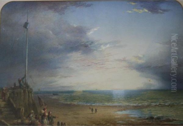 Fisherfolk On The Shore At Twilight; A Vessel In Rough Seas Off A Jetty Oil Painting by John Mogford