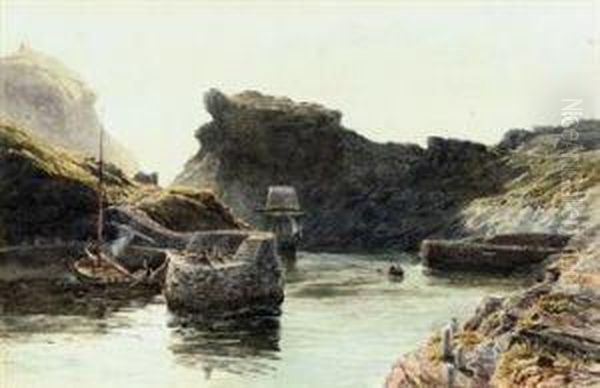 Fishing Boat Being Rowed Into Harbour In A Rocky Coastalinlet Oil Painting by John Mogford