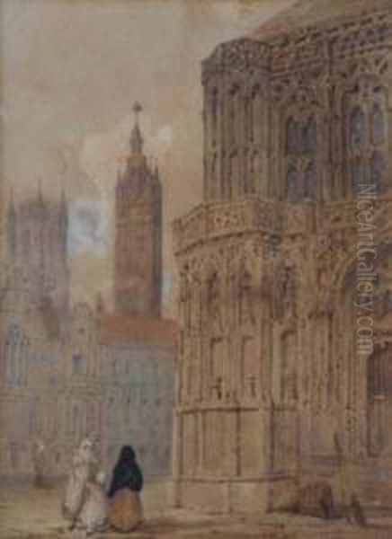 Figures Outside An Abbey Oil Painting by John Mogford