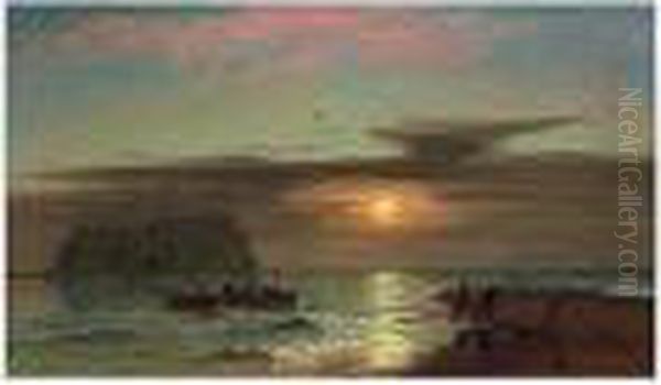 The Seine Net Fishermen At Sunset Oil Painting by John Mogford