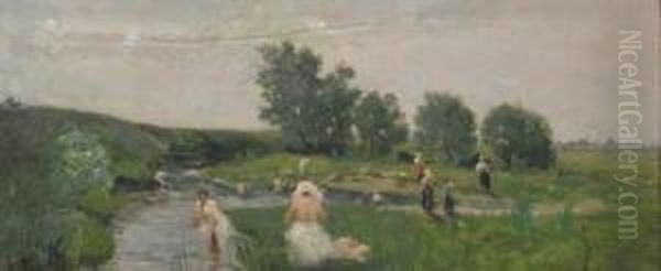 Bathing Oil Painting by Nicolae Petrescu Mogos