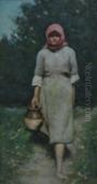 The Girl With The Ewer Oil Painting by Nicolae Petrescu Mogos