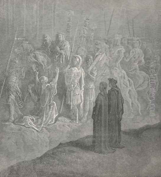 A widow at his bridle stood, attir'd (Canto X, line 74) Oil Painting by Gustave Dore