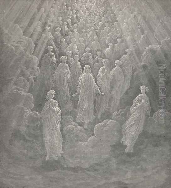 so drew Full more than thousand splendours towards us, (Canto V., line 106-107) Oil Painting by Gustave Dore