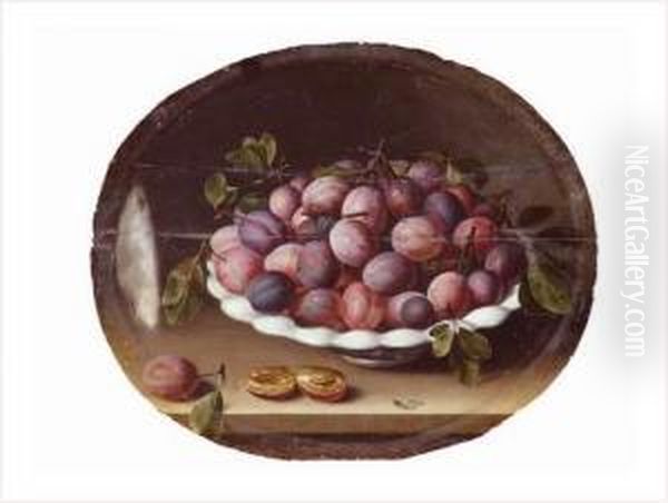 Nature Morte A La Coupe De Prunes Sur Un Entablement Oil Painting by Louise Moillon