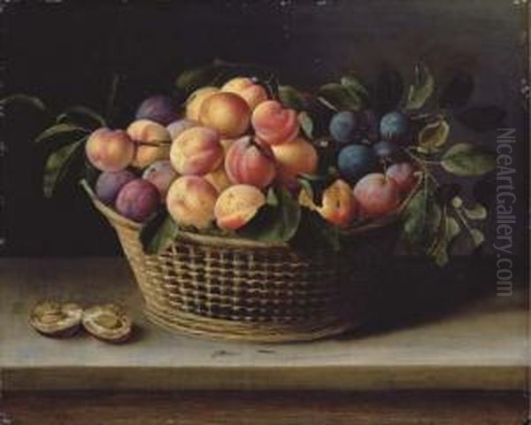 Peaches And Plums In A Basket With A Halved Plum On A Woodenledge Oil Painting by Louise Moillon