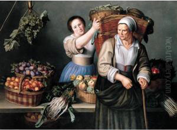 A Market Stall With A Young Woman Giving A Basket Of Grapes To An Older Woman Oil Painting by Louise Moillon