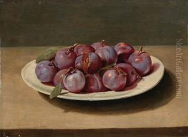 Plums On A White Dish On A Table Oil Painting by Louise Moillon