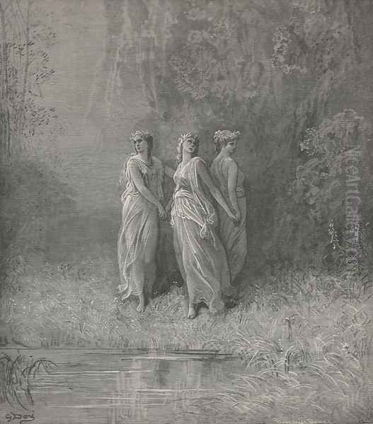 Three nymphs (Canto XXIX., line 126) Oil Painting by Gustave Dore