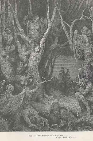 Here the brute Harpies make their nest. (Canto XIII., line 41) Oil Painting by Gustave Dore