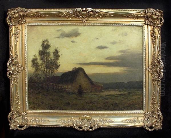 A Landscape At Dusk With A Figure By A Cottage Oil Painting by Maurice Moisset