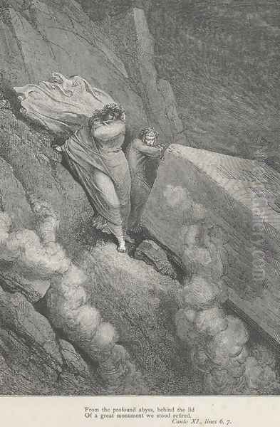 behind the lid Of a great monument we stood retired. (Canto XI., lines 6-7) Oil Painting by Gustave Dore