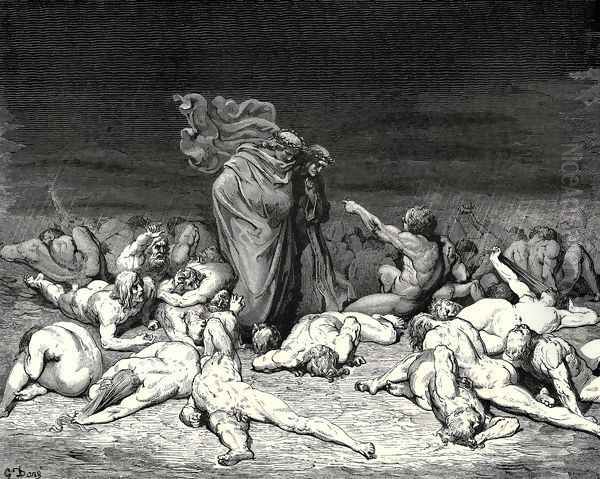 The Inferno, Canto 6, lines 49-52: 'Thy city heap'd with envy to the brim, Ay that the measure overflows its bounds, Held me in brighter days. Ye citizens Were wont to name me Ciacco.' Oil Painting by Gustave Dore