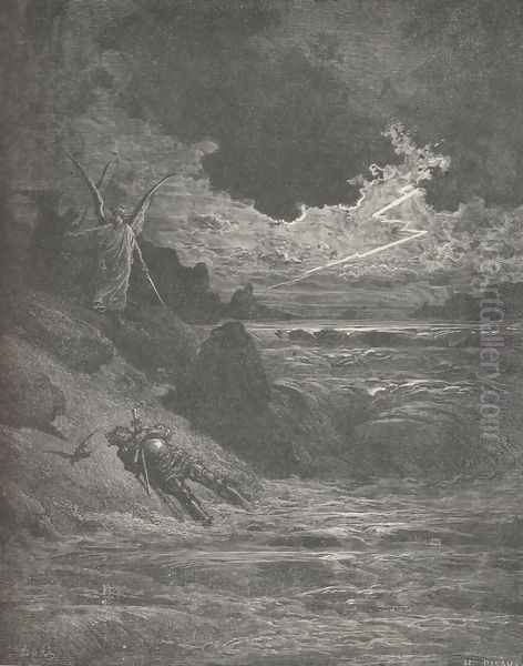 Along the banks and bottom of his course; (Canto V., line137) Oil Painting by Gustave Dore