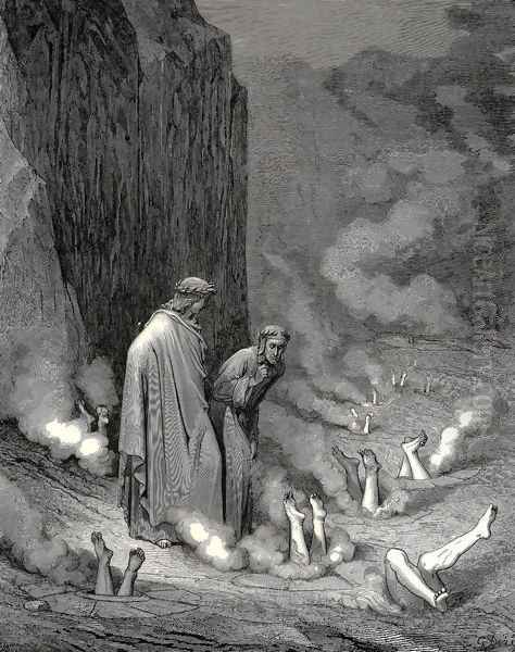 The Inferno, Canto 19, lines 10-11: There stood I like the friar, that doth shrive A wretch for murder doom'd Oil Painting by Gustave Dore