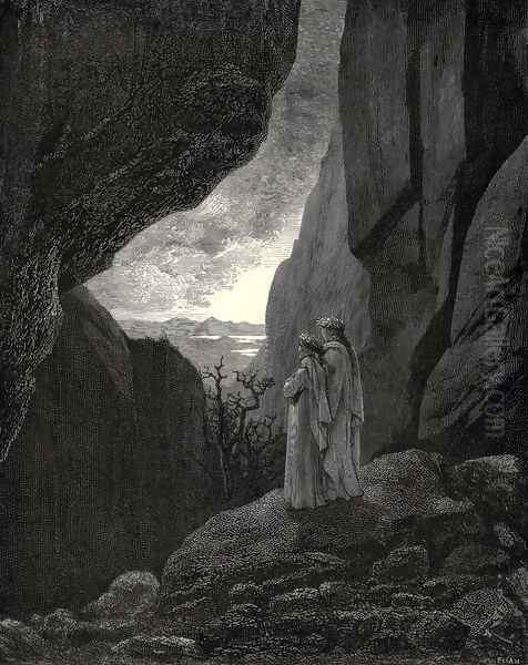 The Inferno, Canto 34, lines 127-129: By that hidden way My guide and I did enter, to return To the fair world Oil Painting by Gustave Dore