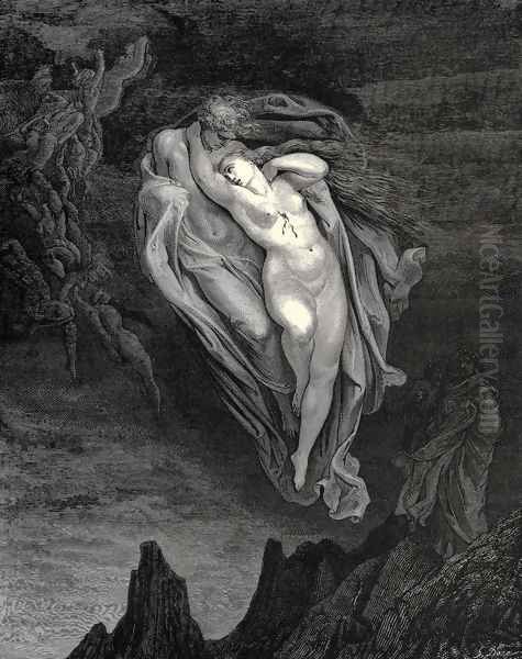 The Inferno, Canto 5, lines 72-74: 'Bard! willingly I would address those two together coming, Which seem so light before the wind.' Oil Painting by Gustave Dore