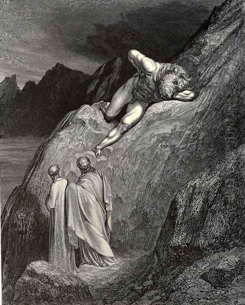 The Inferno, Canto 12, lines 11-14: and there At point of the disparted ridge lay stretch'd The infamy of Crete, detested brood Of the feign'd heifer Oil Painting by Gustave Dore