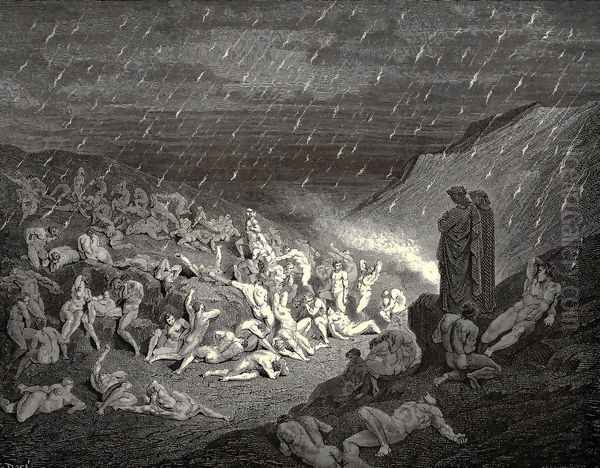 The Inferno, Canto 14, line 37-39: Unceasing was the play of wretched hands, Now this, now that way glancing, to shake off The heat, still falling fresh. Oil Painting by Gustave Dore