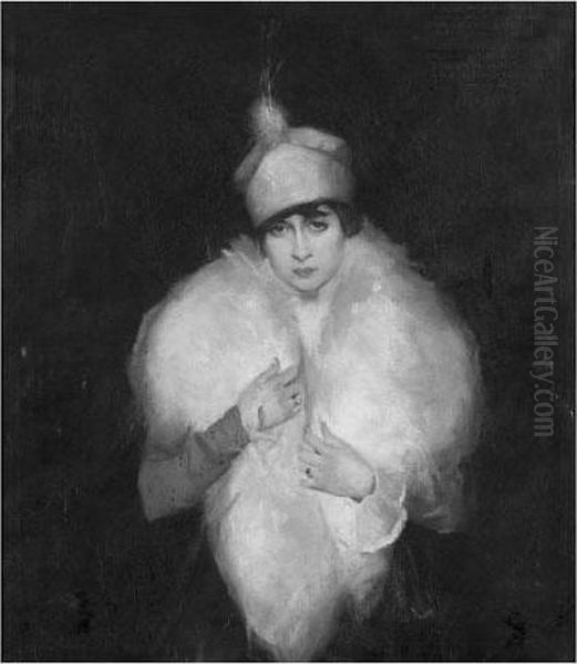 Woman In White Fur Wrap Oil Painting by Maurice, Morris Molarsky