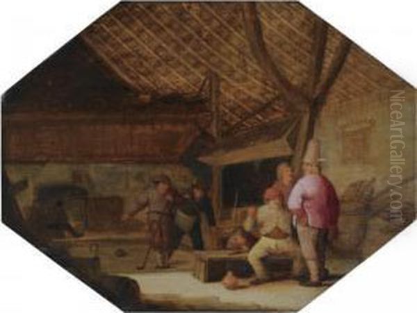 A Barn Interior With Peasants Conversing And Playing Ball Oil Painting by Bartholomeus Molenaer