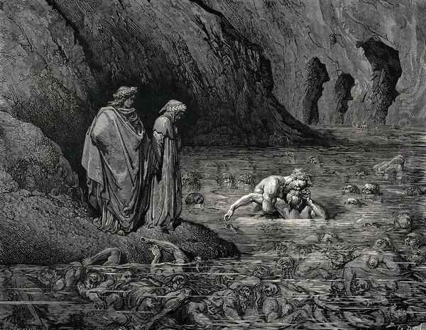 The Inferno, Canto 32, lines 127-129: Not more furiously On Menalippus' temples Tydeus gnaw'd, Than on that skull and on its garbage he. Oil Painting by Gustave Dore