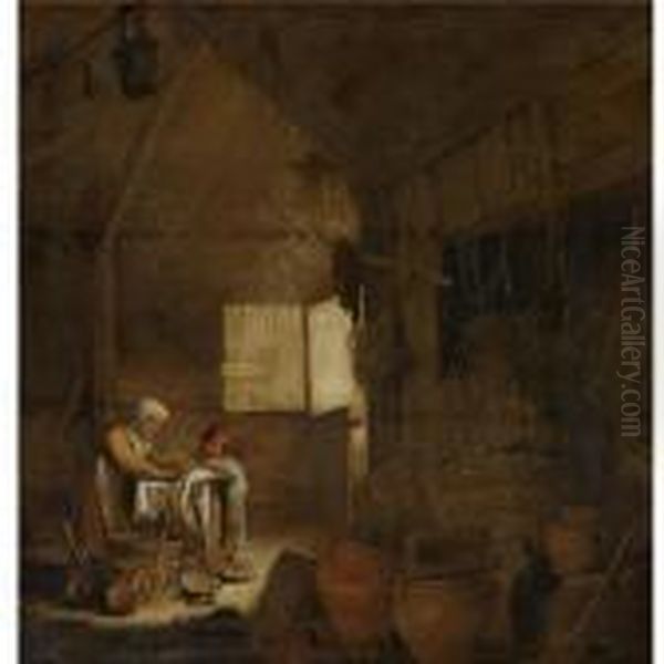 A Barn Interior With Peasant Woman Cleaning Pots Oil Painting by Bartholomeus Molenaer